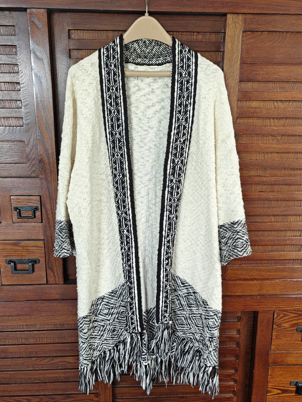 Joie Open-Front Long Cardigan — Cream & Black Fair Isle Fringe Trim, Size XS